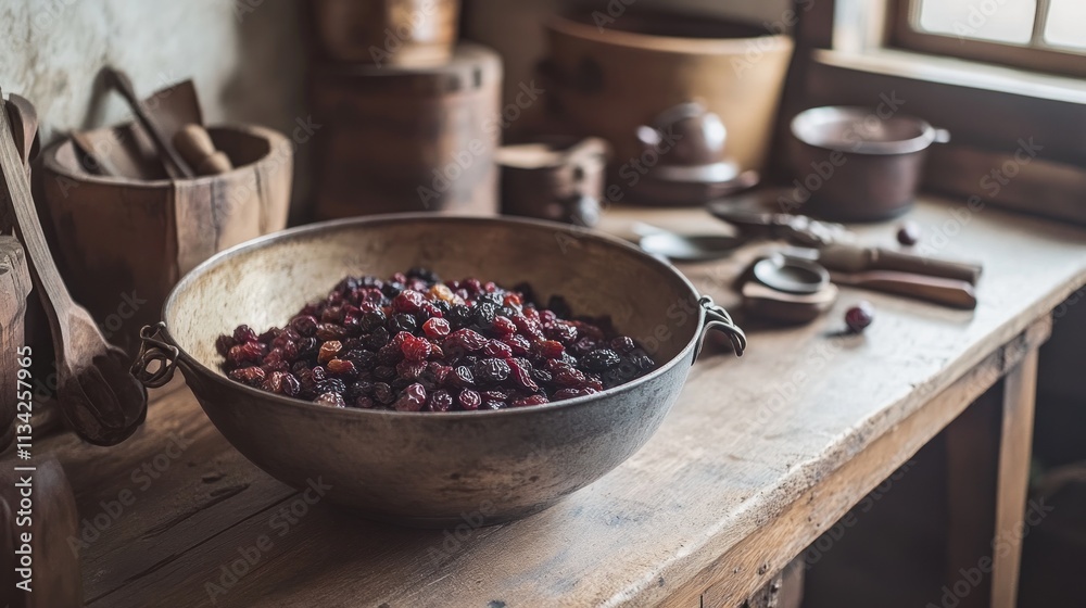 Dried berries in a rustic bowl on a wooden table in a vintage kitchen. Dried berries in a rustic bowl on a wooden table in a vintage kitchen.