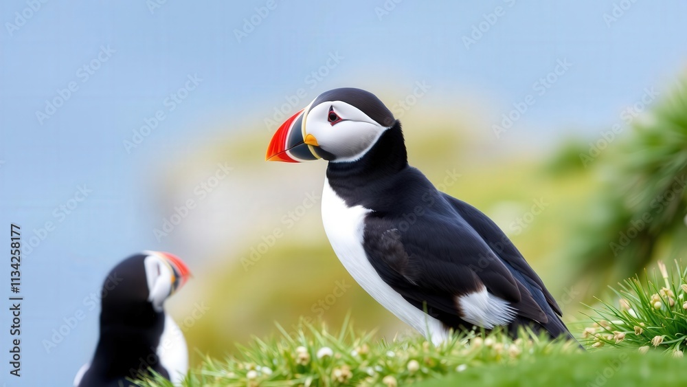 Vibrant Atlantic Puffins on Lush Green Grass Under Clear Blue Sky, Perfect for Nature Photography and Wall Art Vibrant Atlantic Puffins on Lush Green Grass Under Clear Blue Sky, Perfect for Nature Photography and Wall Art