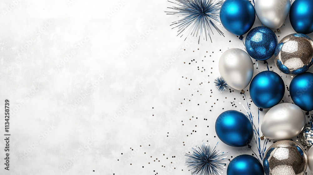 White bg with blue/silver balloons, fireworks on left, spacious white area for text. Top-down, high-res, pro color grade, soft shadows, low contrast, sharp focus, film grain White bg with blue/silver balloons, fireworks on left, spacious white area for text. Top-down, high-res, pro color grade, soft shadows, low contrast, sharp focus, film grain
