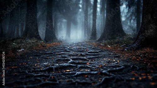 Dark, foggy forest path with exposed roots.