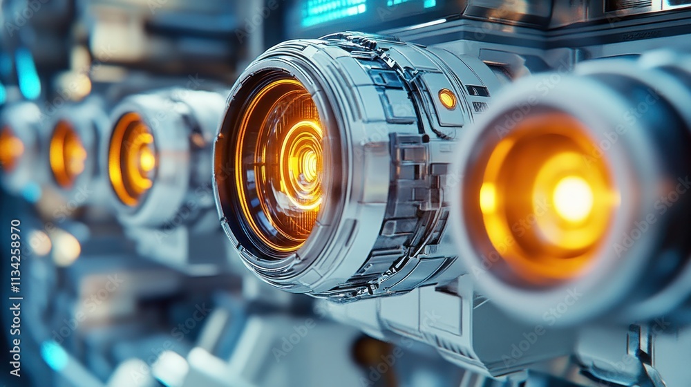 Futuristic technological lenses with glowing orange lights. Close-up view of advanced, intricate, and high-tech components. Futuristic technological lenses with glowing orange lights. Close-up view of advanced, intricate, and high-tech components.