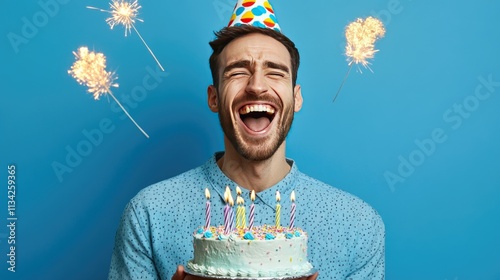 Joyful Celebration: Young Man Enjoying Birthday with Cake and Sparklers Against Blue Background photo
