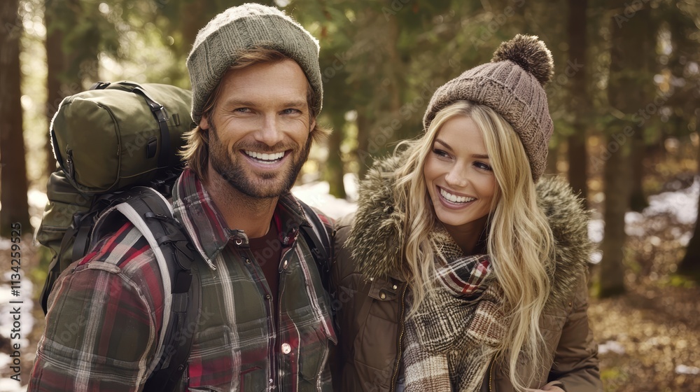 Happy Couple Hiking in Forest During Winter Season Adventure Happy Couple Hiking in Forest During Winter Season Adventure
