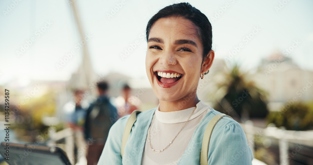 Portrait, excited and education for woman, tablet and student with scholarship, college and outdoor. Campus, confident and person with knowledge, university and happy for opportunity in Canada Portrait, excited and education for woman, tablet and student with scholarship, college and outdoor. Campus, confident and person with knowledge, university and happy for opportunity in Canada