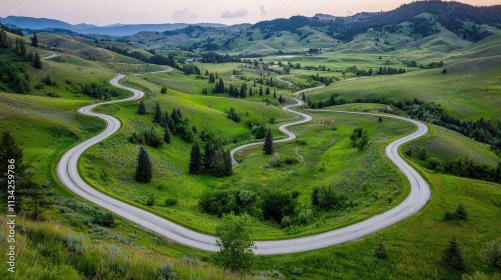 Scenic Winding Road Through Lush Green Hills Under Soft Sky Scenic Winding Road Through Lush Green Hills Under Soft Sky