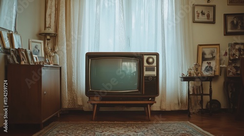 Vintage television in a cozy living room with antique furniture and family photos.