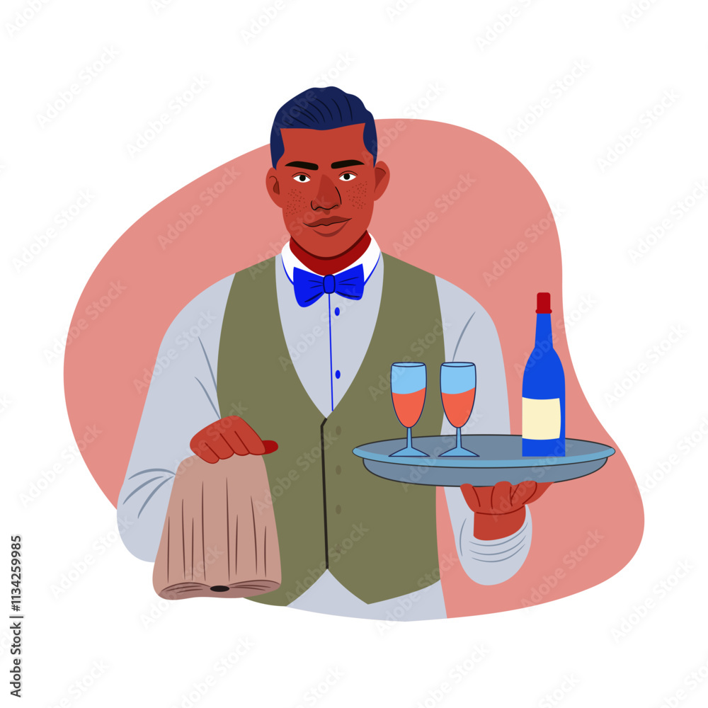 A flat illustration of a waiter holding a drink tray
A flat illustration of a waiter holding a drink tray