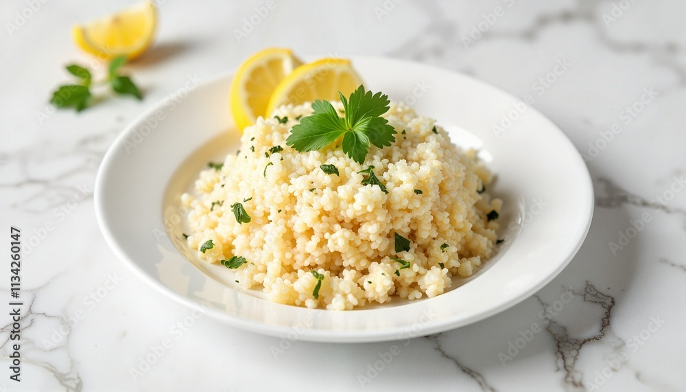 Lemon with couscous garnished with fresh herbs served on a white plate Lemon with couscous garnished with fresh herbs served on a white plate