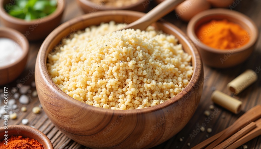 couscous in a wooden bowl surrounded by spices and herbs on a rustic table couscous in a wooden bowl surrounded by spices and herbs on a rustic table