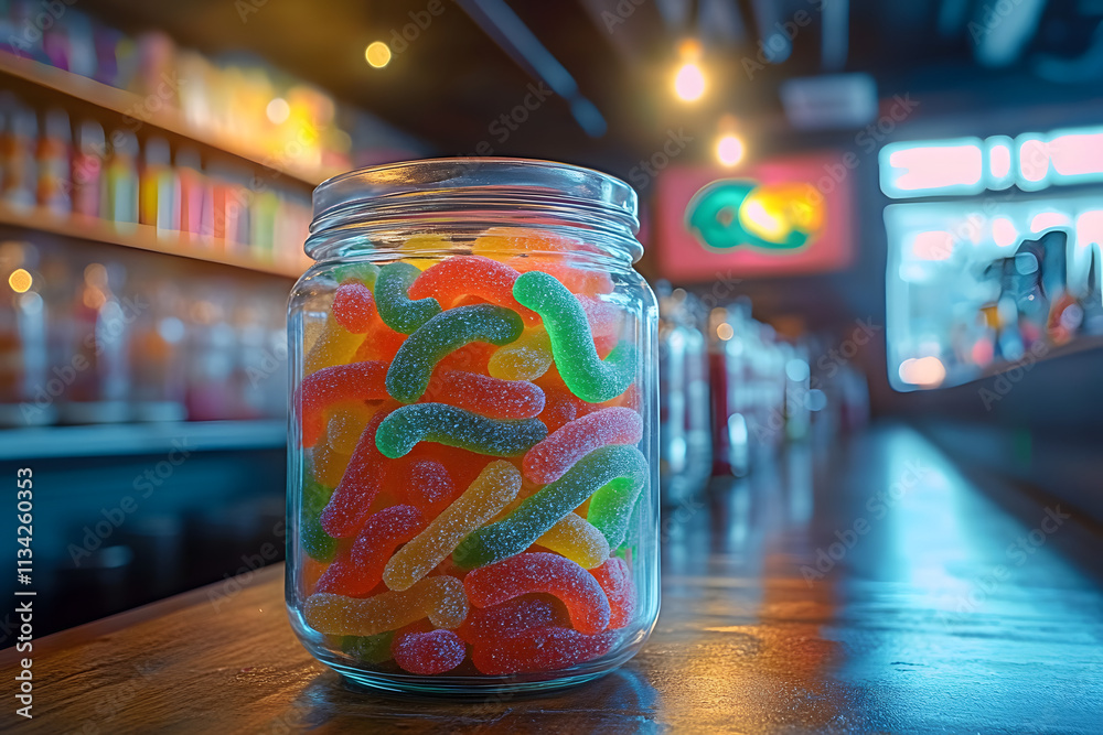 Gummy worms.Gummi worm day.Sour gummy worms.Sugar coating.A jar of sour gummy worms on a bar counter with a blurred background of jars and colorful candies. Gummy worms.Gummi worm day.Sour gummy worms.Sugar coating.A jar of sour gummy worms on a bar counter with a blurred background of jars and colorful candies.