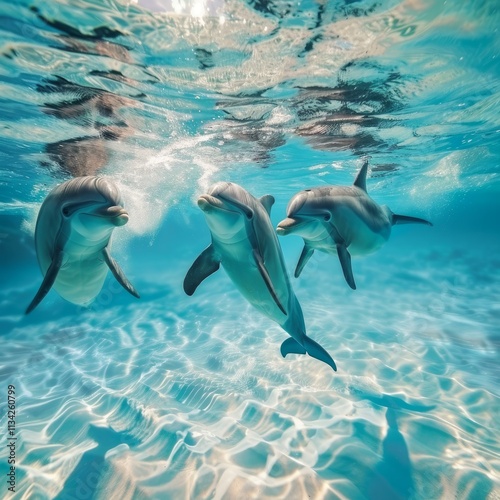 Three dolphins are swimming and playing underwater in a beautiful tropical ocean with clear turquoise water and sunlight photo