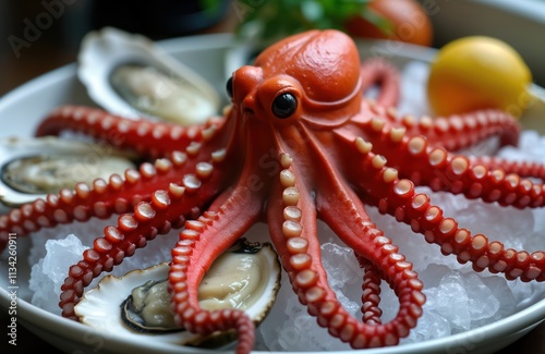 Close-up view of bright red octopus on plate with oysters. Octopus tentacles on top of oysters, on ice. Food looks ready to eat. Seafood dish. Appetizer main course. Restaurant market style. Fresh photo