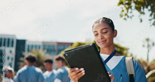 Outdoor, woman and nurse with tablet, typing and healthcare with connection. People, medical student and professional with technology, online results or report for degree, communication or university