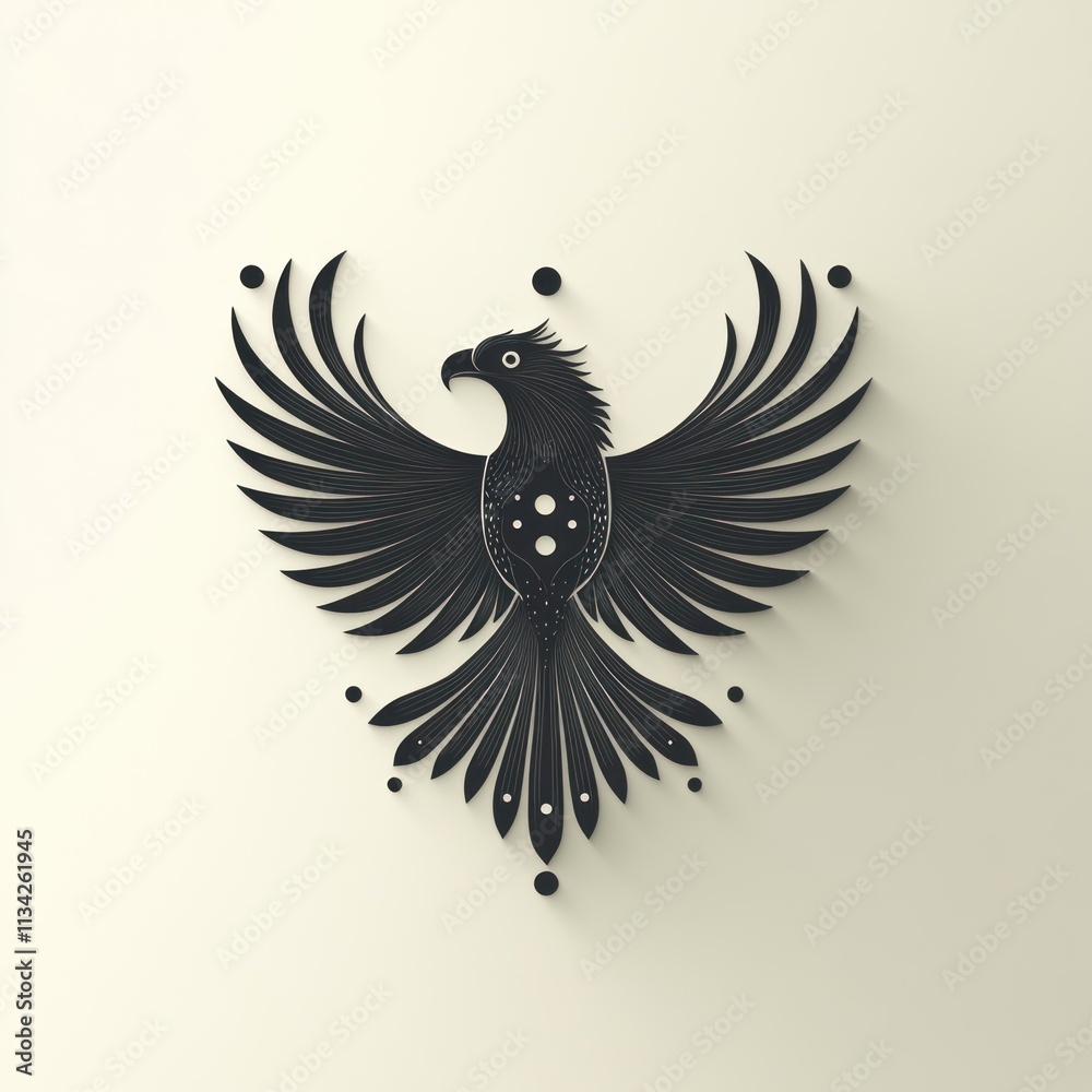 Naklejka premium Stylized black bird with spread wings, geometric pattern, minimalist design.