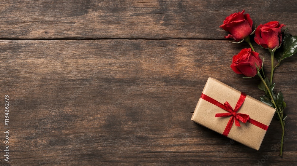 Romantic Gift Red Roses Wrapped Present on Wood Romantic Gift Red Roses Wrapped Present on Wood