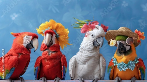 Playful parrots in colorful outfits squawking with delight, perfect for party invitations.