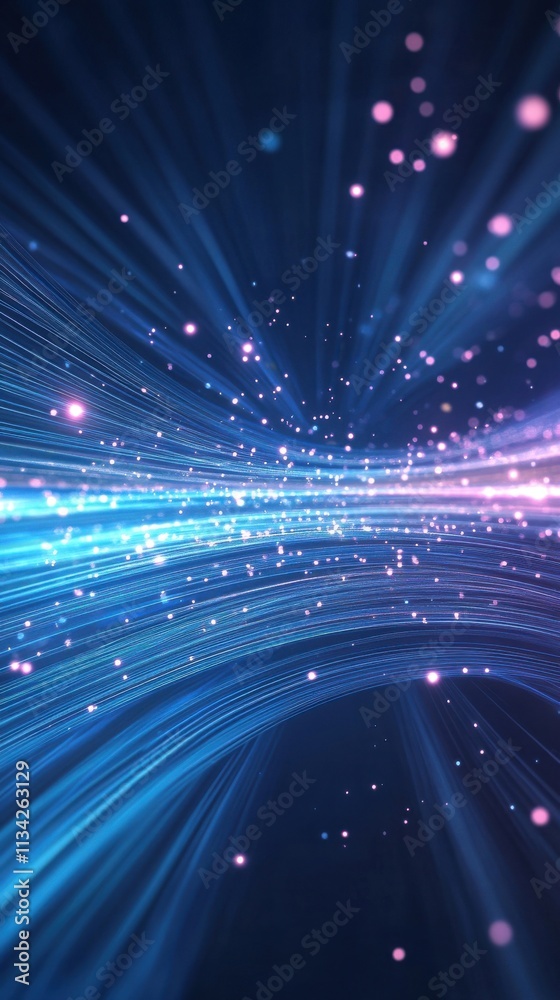 Obraz premium Abstract Dynamic Light Waves with Glittering Particles on a Dark Background Creating a Sense of Depth and Movement in a High-Tech Atmosphere