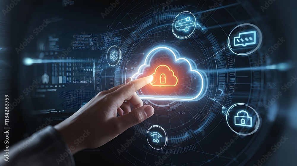 Hand Interacting with Glowing Cloud Technology Interface, cloud computing copy space, copy-space background, tech copyspace background Hand Interacting with Glowing Cloud Technology Interface, cloud computing copy space, copy-space background, tech copyspace background