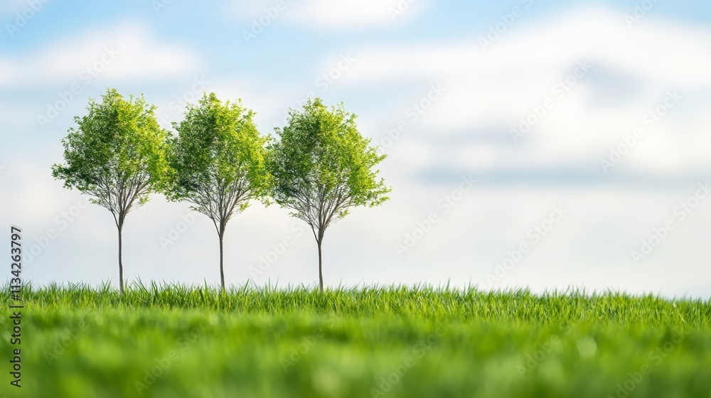 Obraz premium Three Trees Green Grass Field Sky Nature Landscape Ecology
