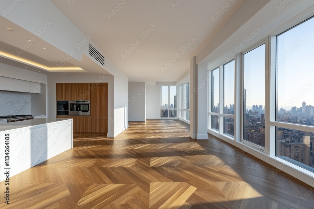 Fototapeta premium A large open living room with a kitchen and a view of the city