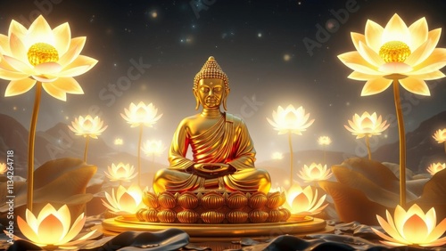 Experience Serenity with Our Golden Buddha Statue Amidst Radiant Lotus Flowers - Perfect for Meditation and Spiritual Decor