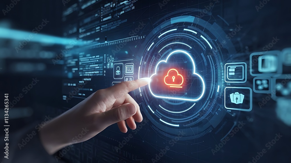 Hand Interacting with Glowing Cloud Technology Interface, cloud computing copy space, copy-space background, tech copyspace background Hand Interacting with Glowing Cloud Technology Interface, cloud computing copy space, copy-space background, tech copyspace background