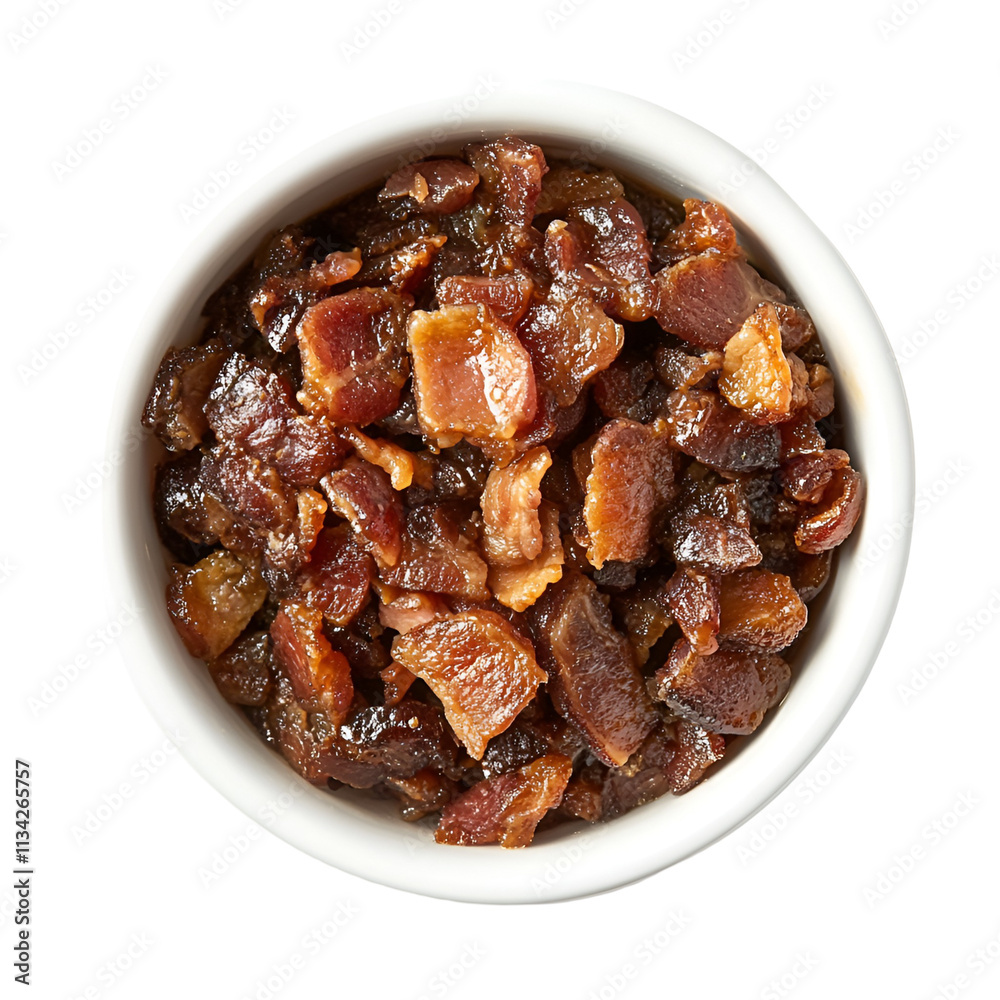 Crispy Bacon Bits in White Bowl, Delicious Topping Crispy Bacon Bits in White Bowl, Delicious Topping