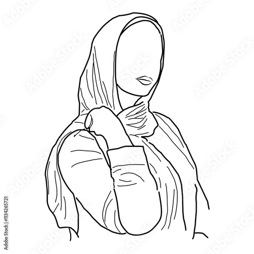 A vector illustration of a young beautiful girl or woman wearing hijab or veil, thinking and daydreaming. One line art drawing.