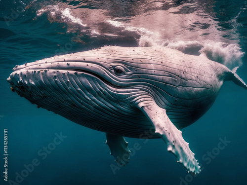 Majestic humpback whale swimming in clear ocean waters underwater photography tranquil environment close-up perspective photo