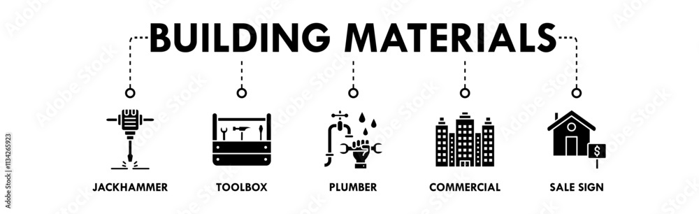 Building Materials banner web icon vector illustration concept with icon of jackhammer, toolbox, plumber, commercial, and sale sign Building Materials banner web icon vector illustration concept with icon of jackhammer, toolbox, plumber, commercial, and sale sign