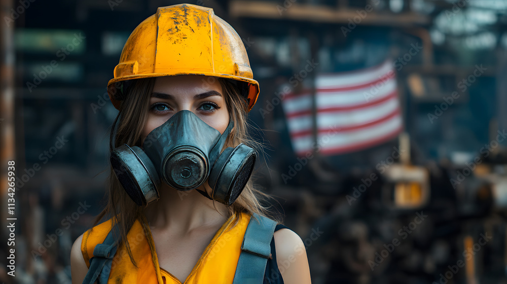A woman adorned in a vibrant yellow helmet and protective gas mask stands confidently in a hazardous work environment. Her sturdy attire hints at the dangerous nature of her surroundings A woman adorned in a vibrant yellow helmet and protective gas mask stands confidently in a hazardous work environment. Her sturdy attire hints at the dangerous nature of her surroundings
