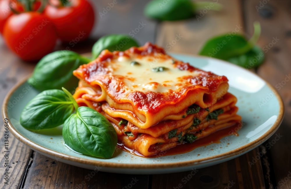 Appetizing lasagna dish with melted cheese, spinach. Plate displays flavorful comfort food. Layers of pasta sheets visible with generous amount of tomato sauce. Fresh basil leaves garnish plate. Appetizing lasagna dish with melted cheese, spinach. Plate displays flavorful comfort food. Layers of pasta sheets visible with generous amount of tomato sauce. Fresh basil leaves garnish plate.