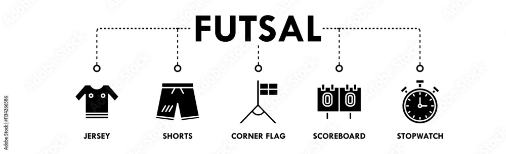 Futsal banner web icon vector illustration concept with icon of jersey, shorts, corner flag, scoreboard, and stopwatch Futsal banner web icon vector illustration concept with icon of jersey, shorts, corner flag, scoreboard, and stopwatch