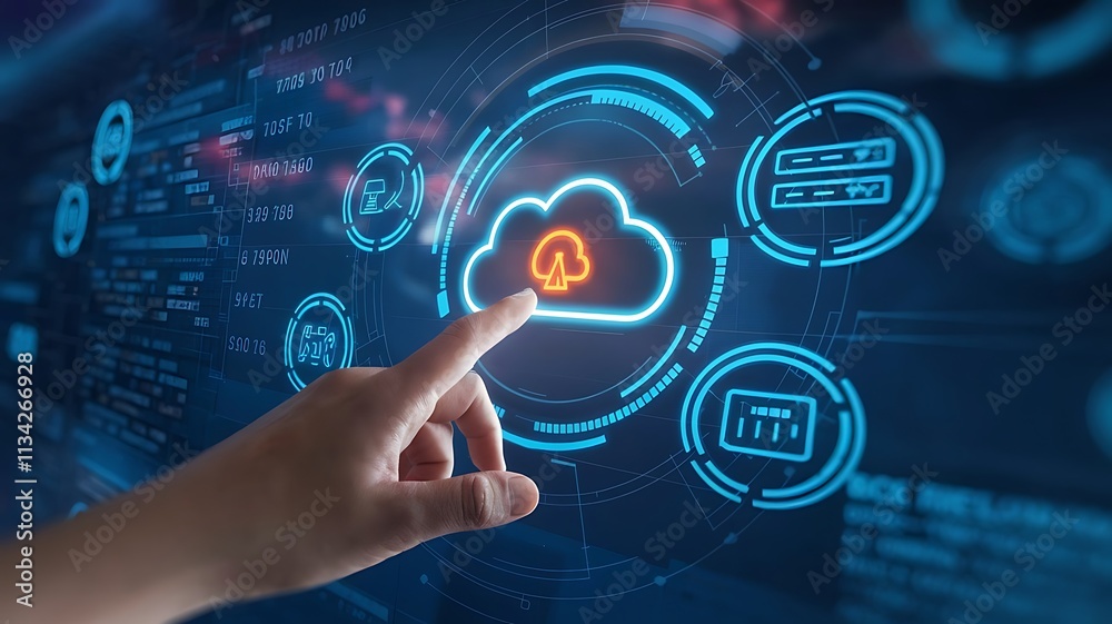 Hand Interacting with Glowing Cloud Technology Interface, cloud computing copy space, copy-space background, tech copyspace background