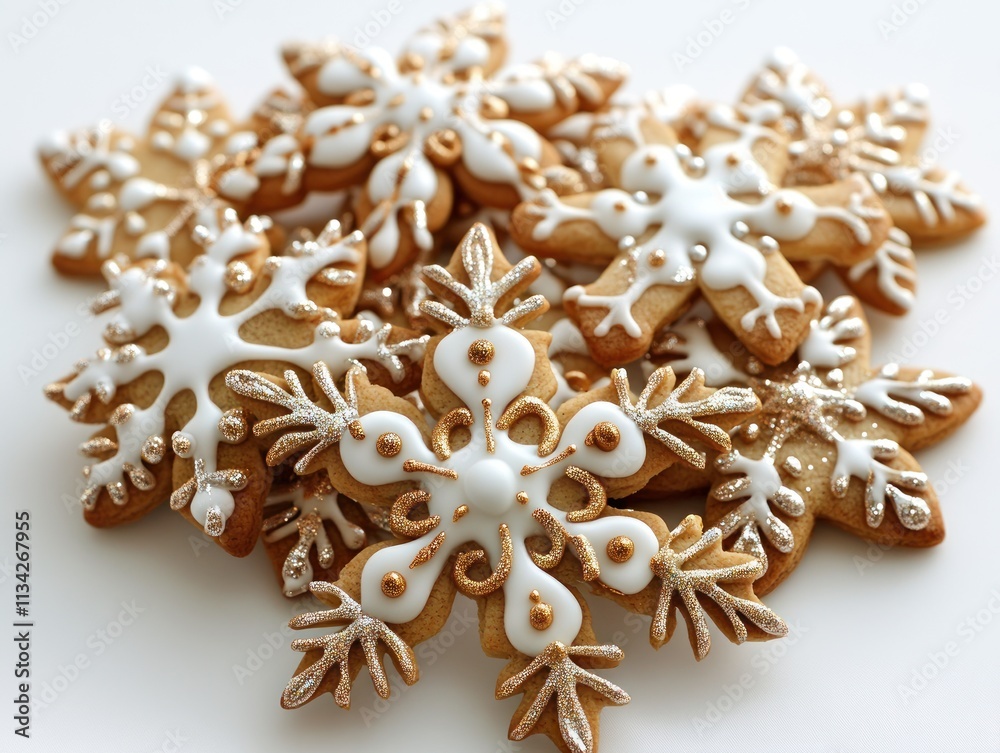 A pile of beautifully decorated snowflake-shaped cookies with white icing. A pile of beautifully decorated snowflake-shaped cookies with white icing.