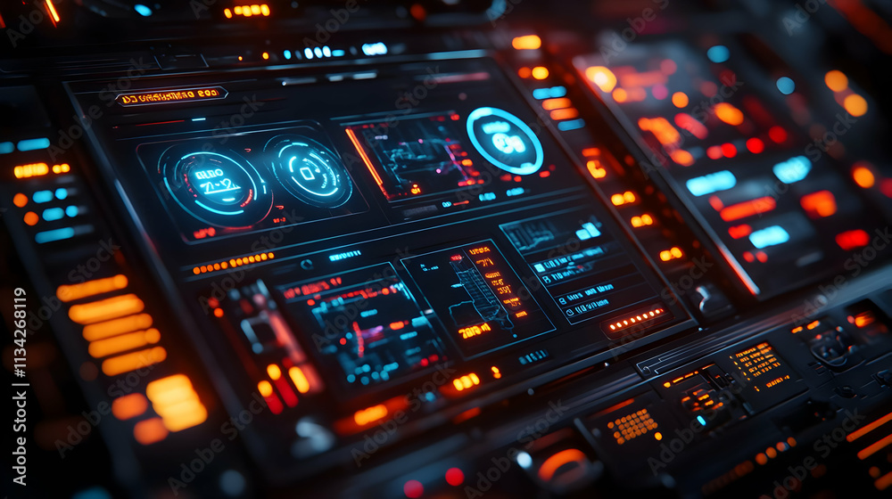 Futuristic control panel with glowing interfaces and data displays. Futuristic control panel with glowing interfaces and data displays.