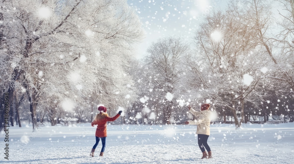 Two friends enjoying a playful snowball fight in a winter park surrounded by trees under a snowy sky Two friends enjoying a playful snowball fight in a winter park surrounded by trees under a snowy sky