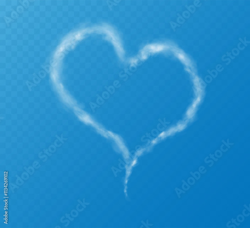 Realistic heart shaped smoke cloud on transparent blue sky background. Romantic smoky, white translucent heart shaped clouds. Vector illustration for your graphic design.	