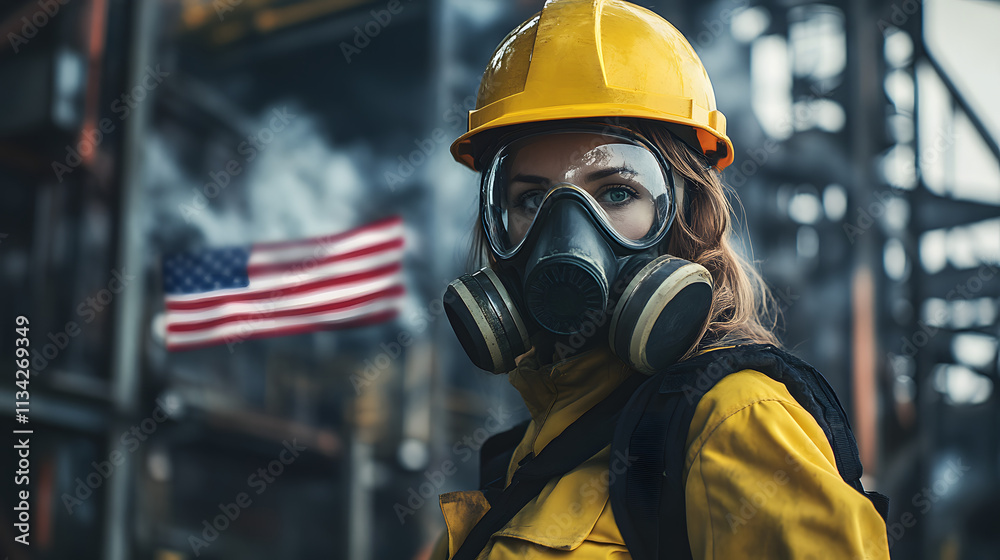 A woman adorned in a vibrant yellow helmet and protective gas mask stands confidently in a hazardous work environment. Her sturdy attire hints at the dangerous nature of her surroundings A woman adorned in a vibrant yellow helmet and protective gas mask stands confidently in a hazardous work environment. Her sturdy attire hints at the dangerous nature of her surroundings