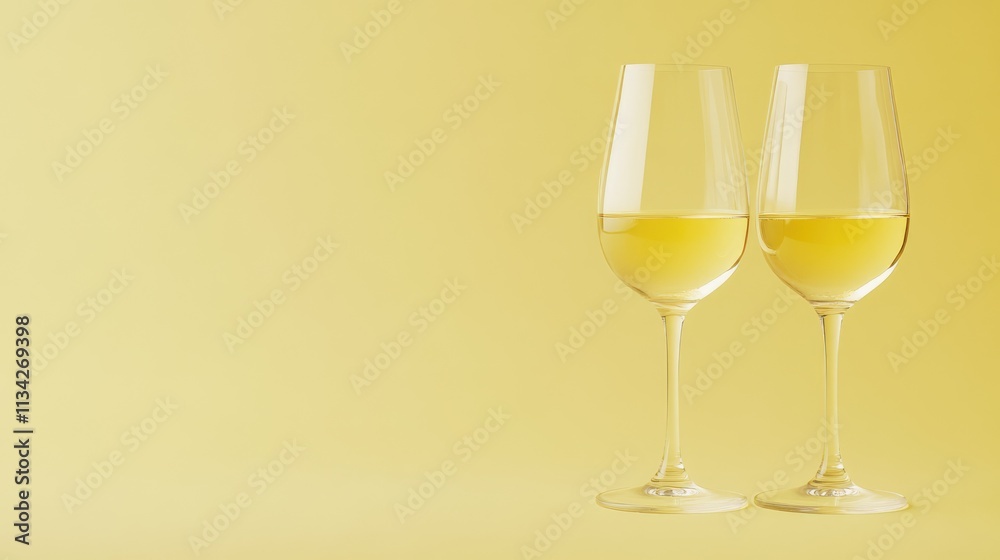 Two glass with white wine on light yellow background. Wineglasses. Summer drink for party, wine shop or wine tasting concept. Date or romantic dinner. Copy space Two glass with white wine on light yellow background. Wineglasses. Summer drink for party, wine shop or wine tasting concept. Date or romantic dinner. Copy space