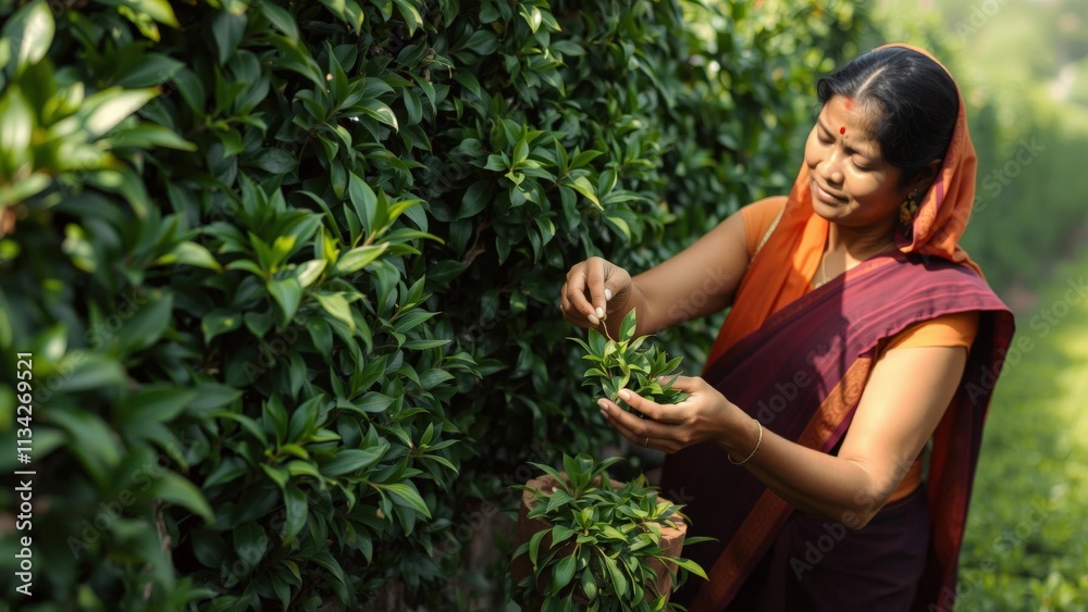 Freshly Picked: Woman Harvesting Green Tea Leaves in Lush Garden, Perfect for Tea Lovers and Home Decor Freshly Picked: Woman Harvesting Green Tea Leaves in Lush Garden, Perfect for Tea Lovers and Home Decor