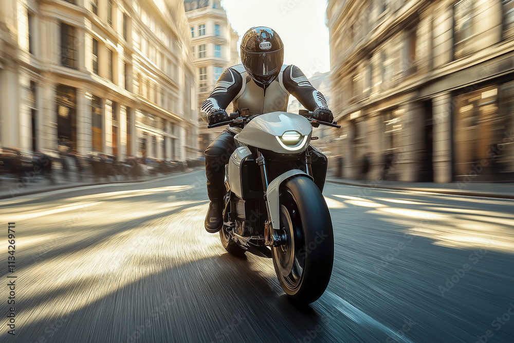 Fototapeta premium A futuristic street bike rides through futuristic city streets. An image for the design.