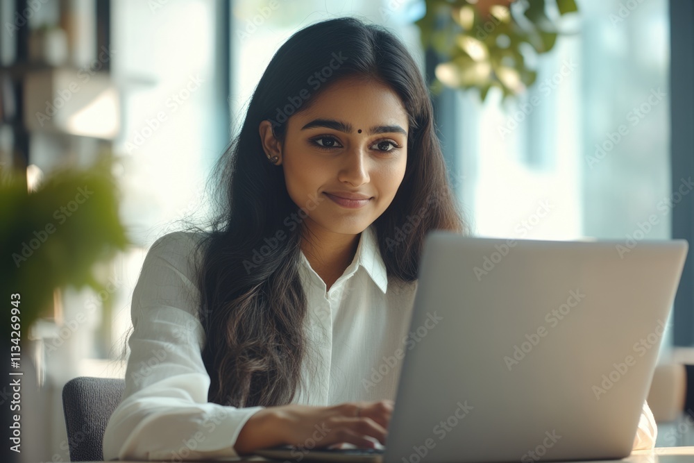 Young Indian woman working on laptop applying for job. Young Indian woman working on laptop applying for job.