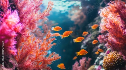 Vibrant coral reef aquarium with orange fish. photo