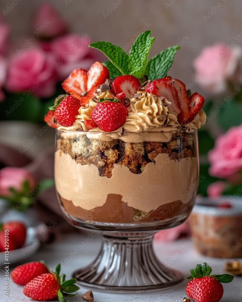 A delicious layered dessert with strawberries and cream, set against a floral backdrop. A delicious layered dessert with strawberries and cream, set against a floral backdrop.