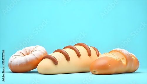 3d vector illustration of various bakery items on a plain and simple background