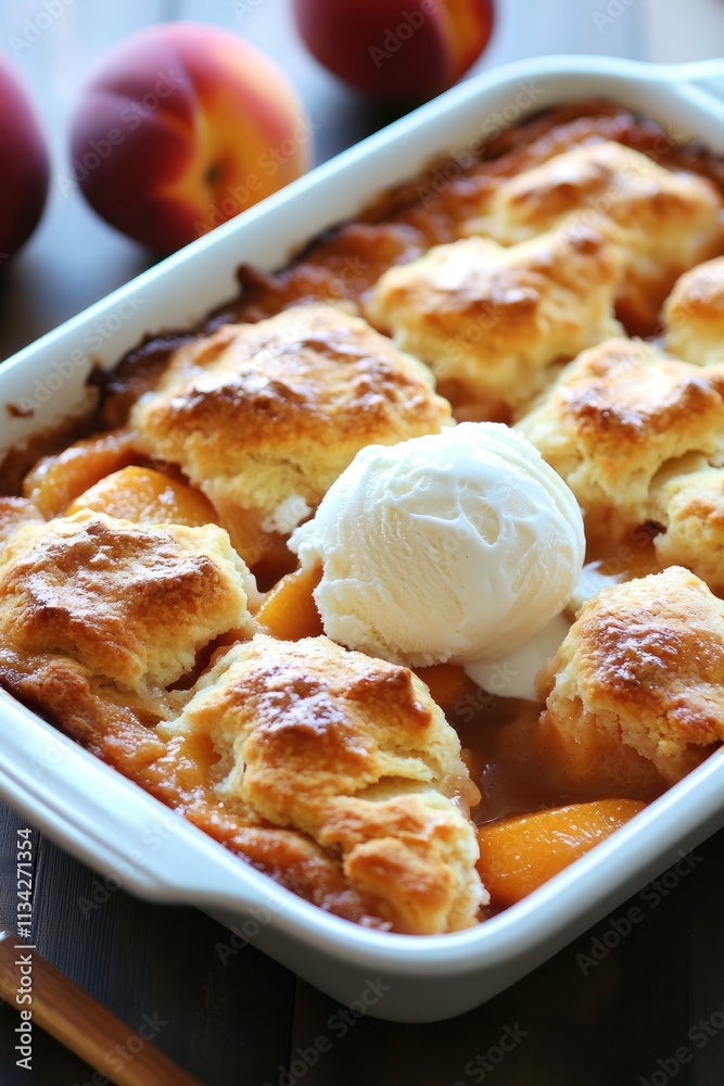 A warm peach cobbler topped with a scoop of ice cream, served in a white dish. A warm peach cobbler topped with a scoop of ice cream, served in a white dish.