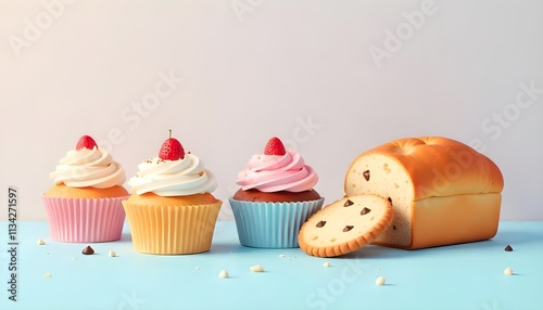 3d vector illustration of various bakery items on a plain and simple background
