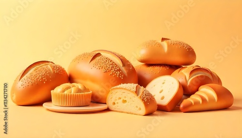 3d vector illustration of various bakery items on a plain and simple background