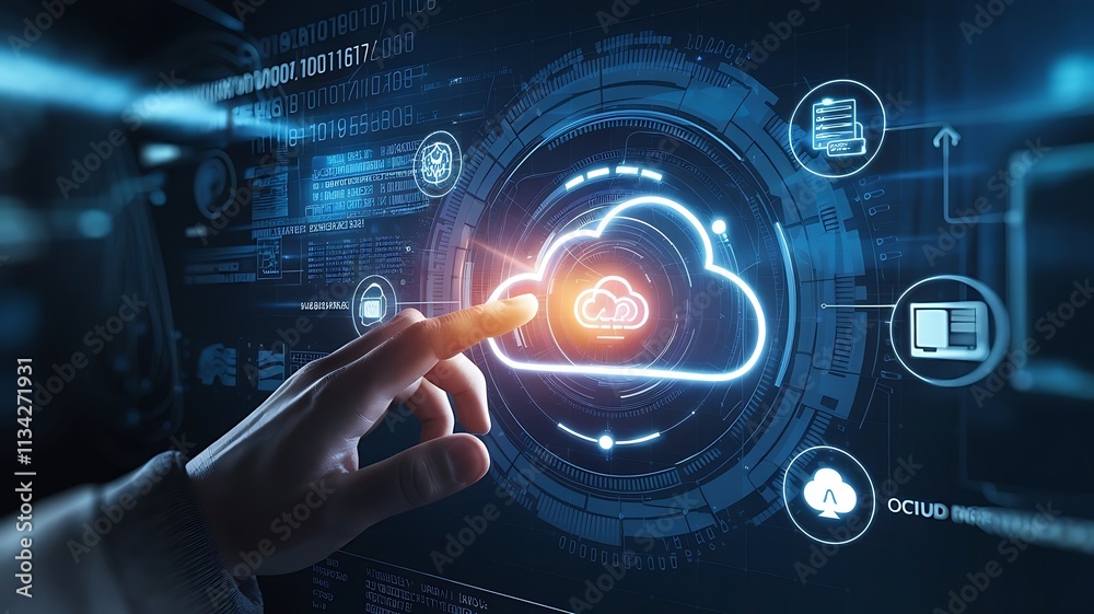 Hand Interacting with Glowing Cloud Technology Interface, cloud computing copy space, copy-space background, tech copyspace background